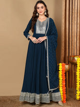 Women Teal Georgette Solid Yoke Design Anarkali Kurta With Dupatta